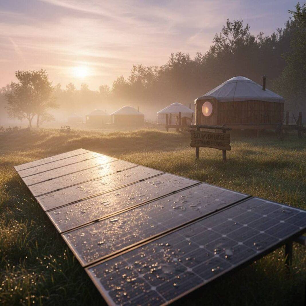 Misty eco-yurt haven at sunrise, sustainable lodge obsession.