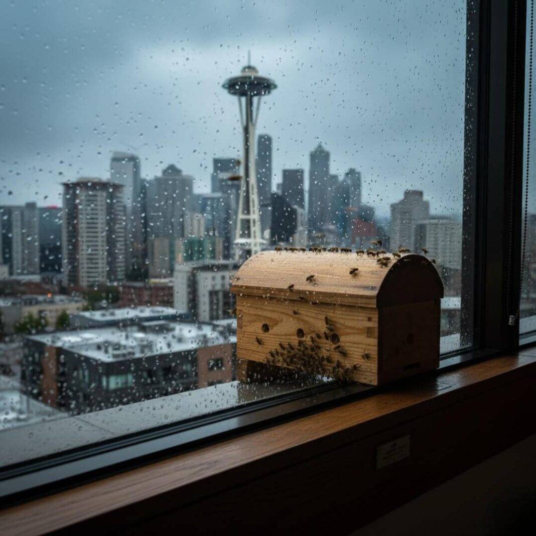 Rainy city view, beehive on hotel ledge.