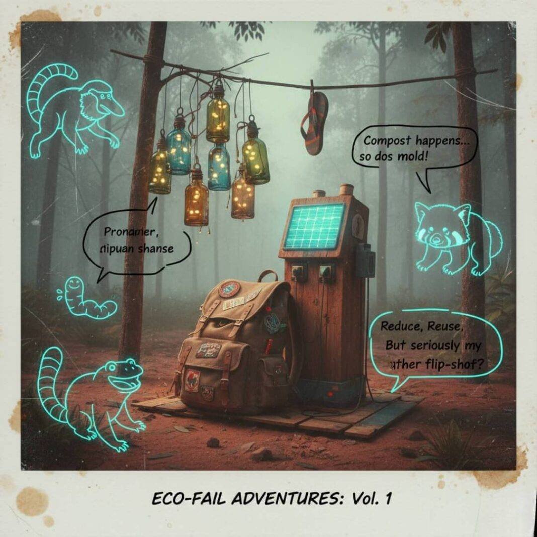 Eco-fail adventures: backpack, solar charger, lanterns, flip-flop.