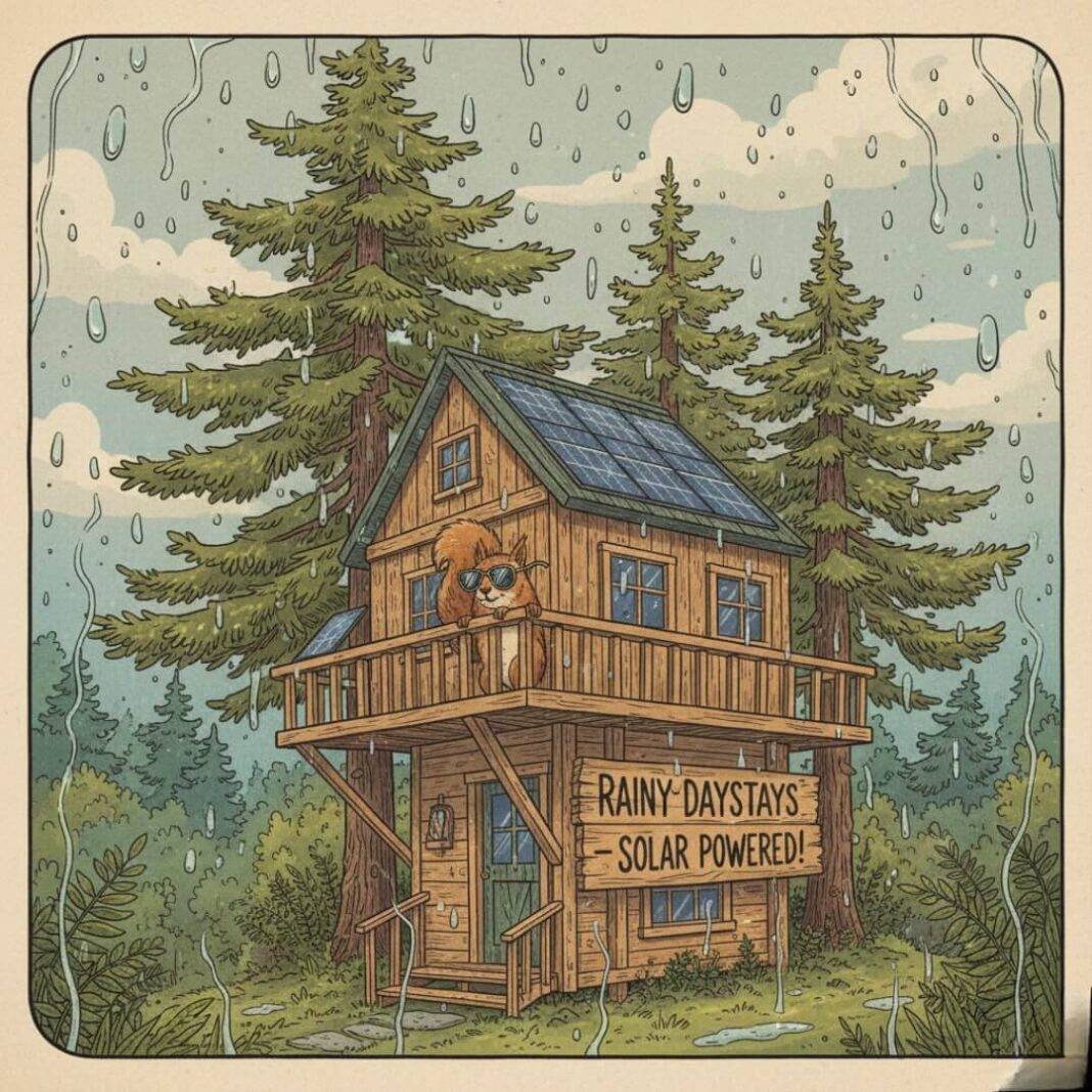 Rainy Seattle treehouse, solar panels, squirrel in shades. Rainy Seattle treehouse, solar panels, squirrel in shades.