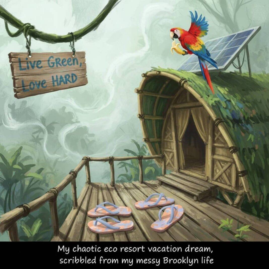 Impressionistic painting of a jungle eco-lodge. Impressionistic painting of a jungle eco-lodge.