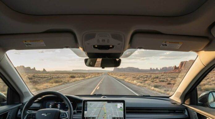 Road Trip in an EV: Everything You Need to Know Messy EV passenger seat, highway view, sunset.