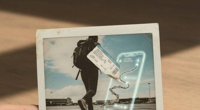 Flying Less: 7 Sustainable Travel Apps That Help You Cut Emissions Polaroid: Ticket crumples into bike chain, sustainable travel.