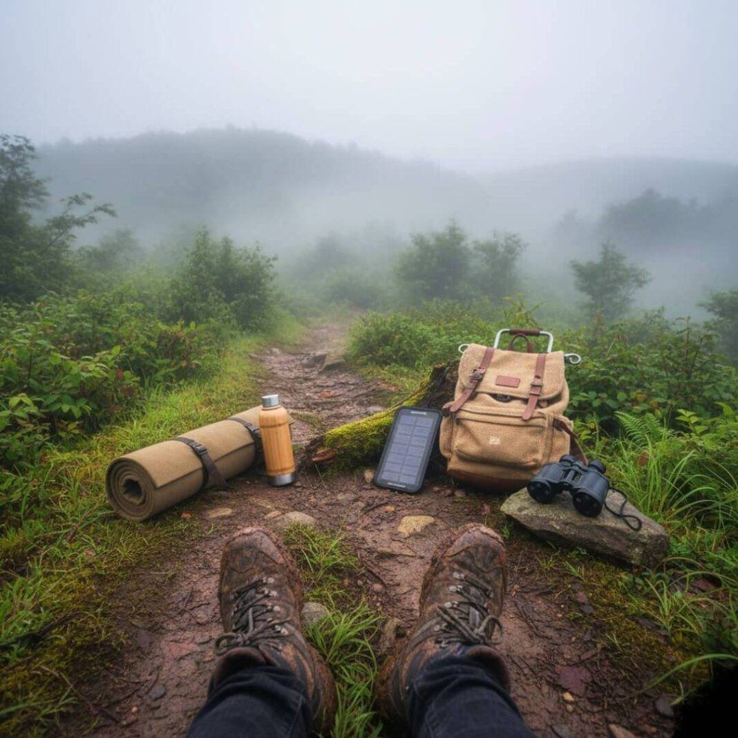 Foggy trail with muddy boots and sustainable gear.