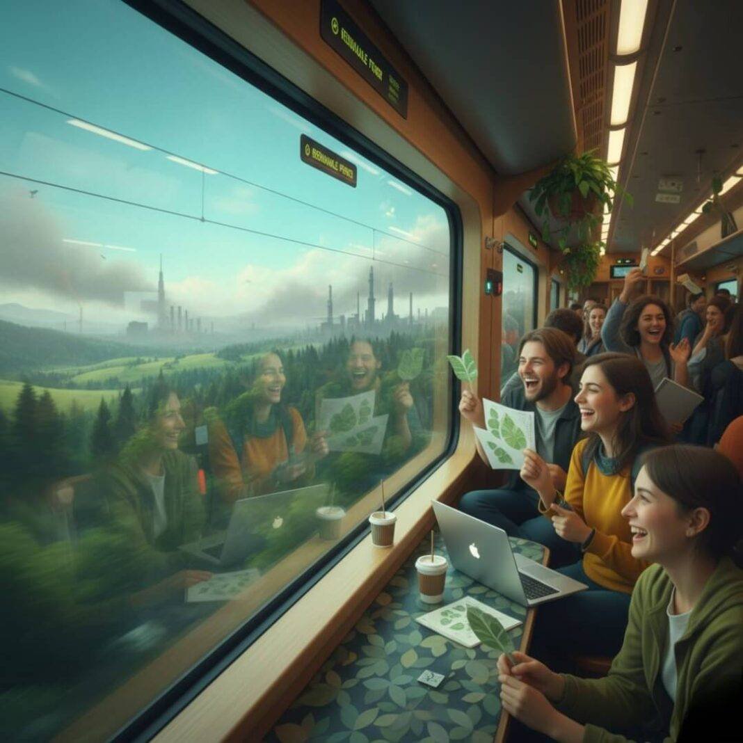 Eco-friendly train commute with happy passengers and green reflections. Eco-friendly train commute with happy passengers and green reflections.
