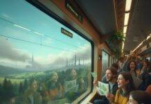 Why Public Transport Is the Unsung Hero of Eco Travel Eco-friendly train commute with happy passengers and green reflections.