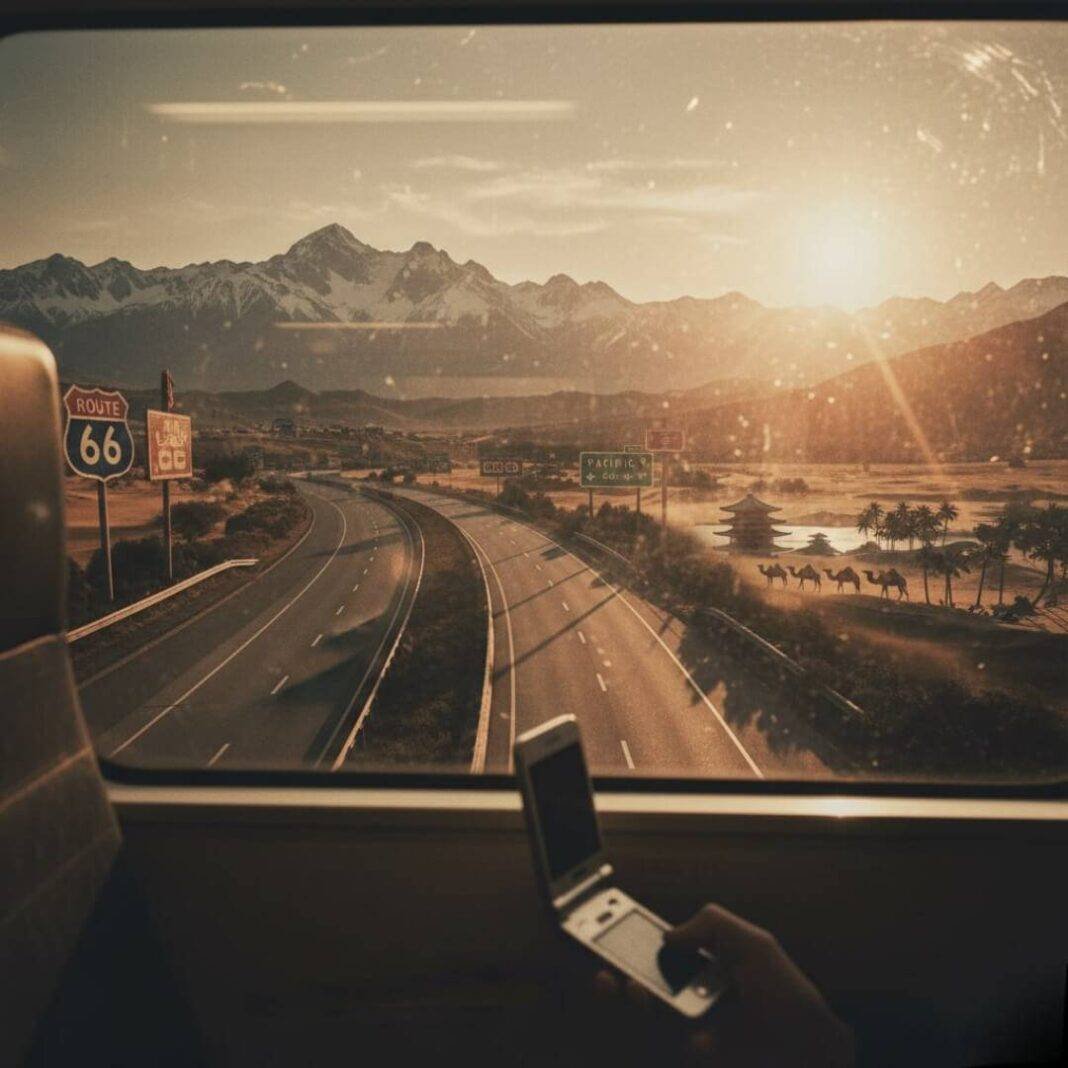 Train window view, US highways and global dreams. Train window view, US highways and global dreams.