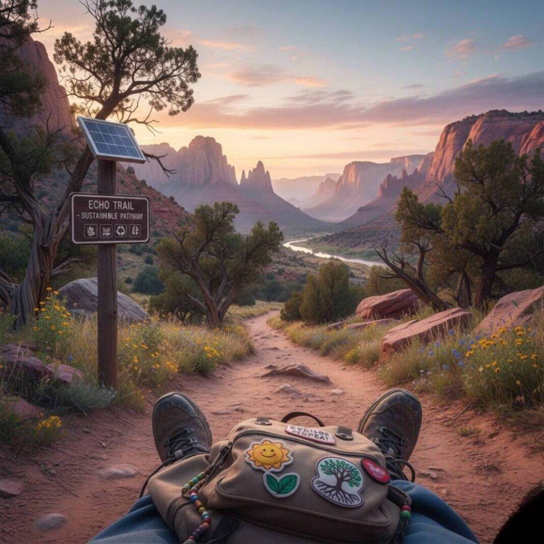 Eco-friendly hiker's view of national park. Eco-friendly hiker's view of national park.