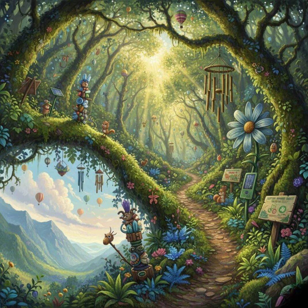 Whimsical forest trail, off-kilter eco-adventure, optimistic vibes.