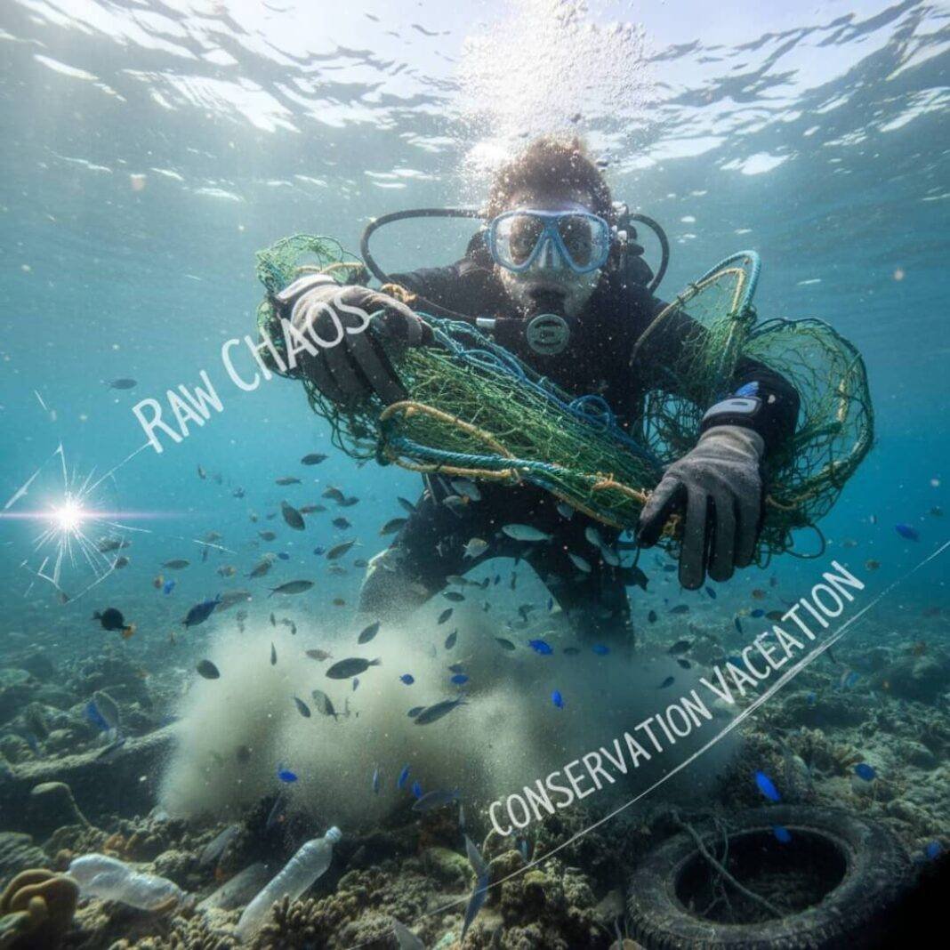 Shaky underwater selfie, diver with trash.