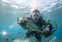 Marine Conservation Vacations: Swim With a Purpose Shaky underwater selfie, diver with trash.