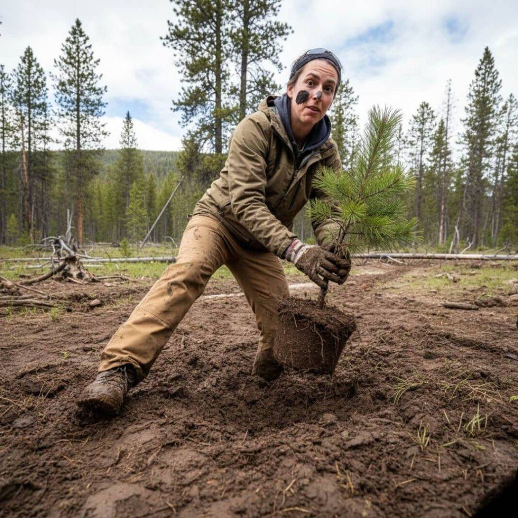 Volunteer planting sapling in mud, looking surprised.