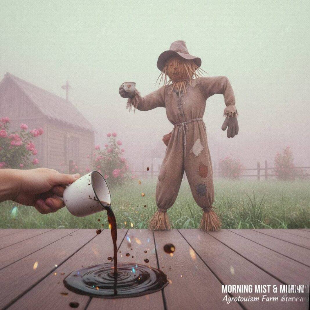 Impressionistic farm scene with scarecrow, coffee spill.