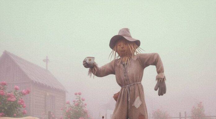 Agrotourism: Farm Stays That Feed Your Soul (and the Planet) Impressionistic farm scene with scarecrow, coffee spill.