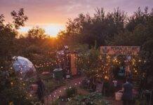 The Rise of Permaculture Retreats in Sustainable Tourism Permaculture retreat glowing at dusk with fairy lights.