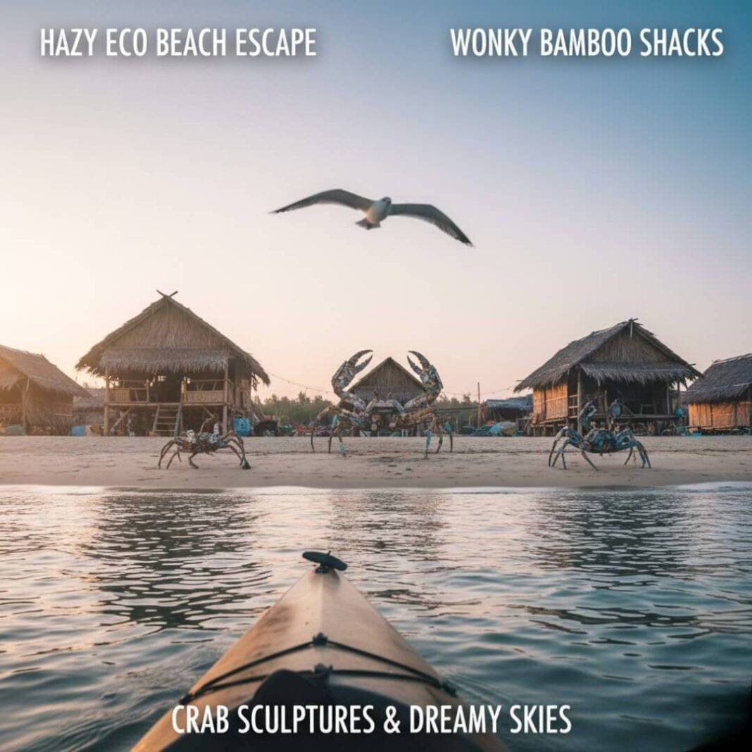 Hazy beach, wonky shacks, crab sculptures, kayak view. Hazy beach, wonky shacks, crab sculptures, kayak view.