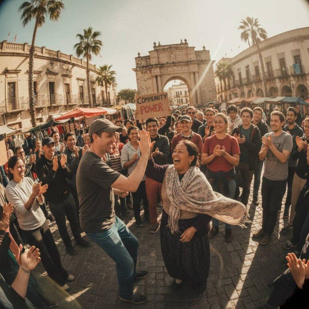 Tourists and locals high-fiving in community Tourists and locals high-fiving in community