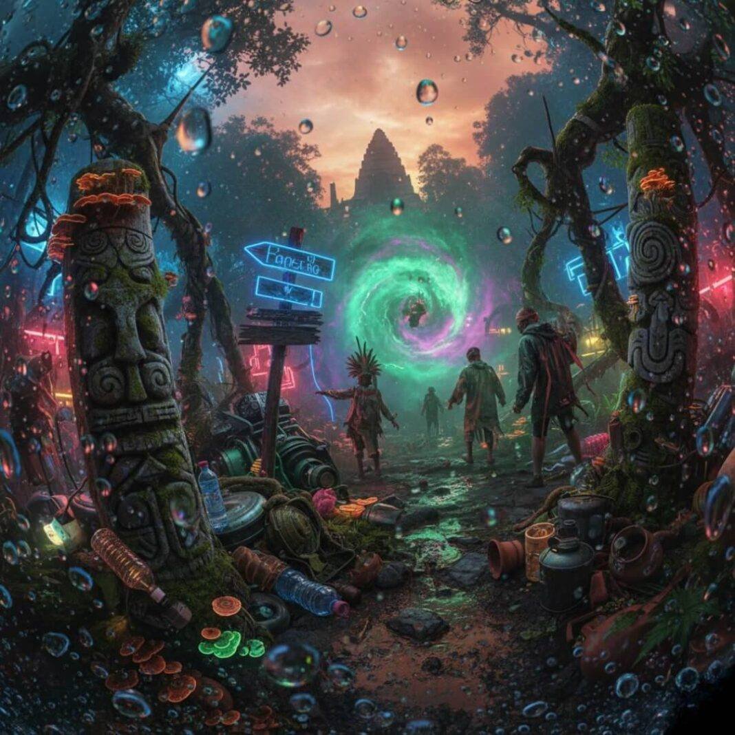 Surreal eco-cultural tour mishaps, neon wilderness