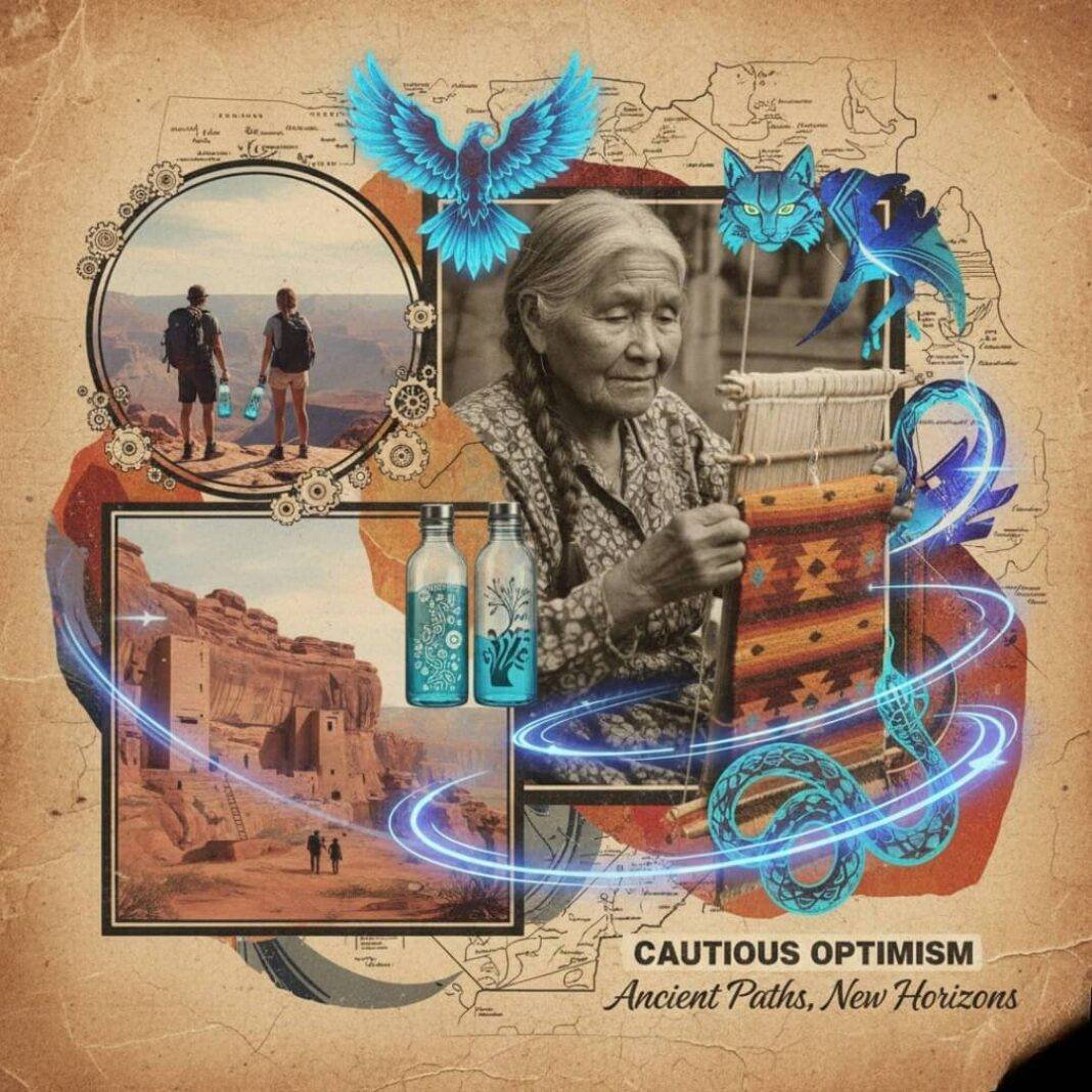 Navajo elder weaving, hikers, cliff dwellings, spirit animals.