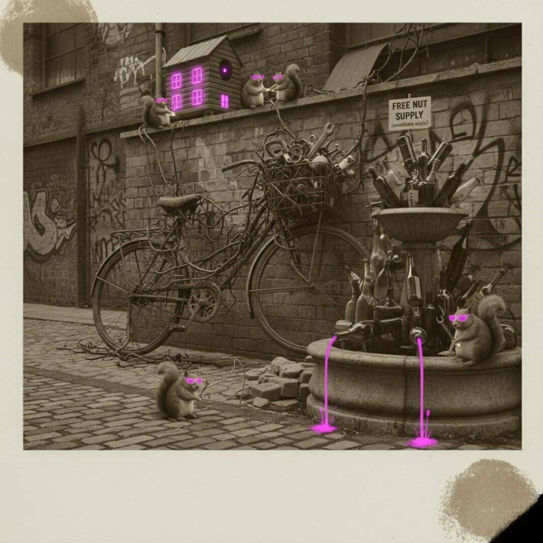 Quirky alley scene, sepia with neon.