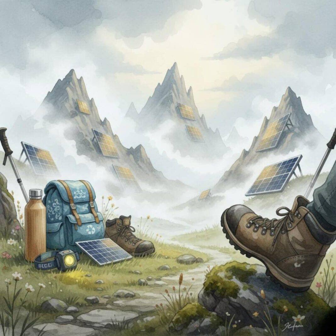 Shaky eco-hike with foggy peaks and solar panels. Shaky eco-hike with foggy peaks and solar panels.