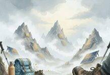 How to Craft a Fully Sustainable Travel Itinerary Shaky eco-hike with foggy peaks and solar panels.