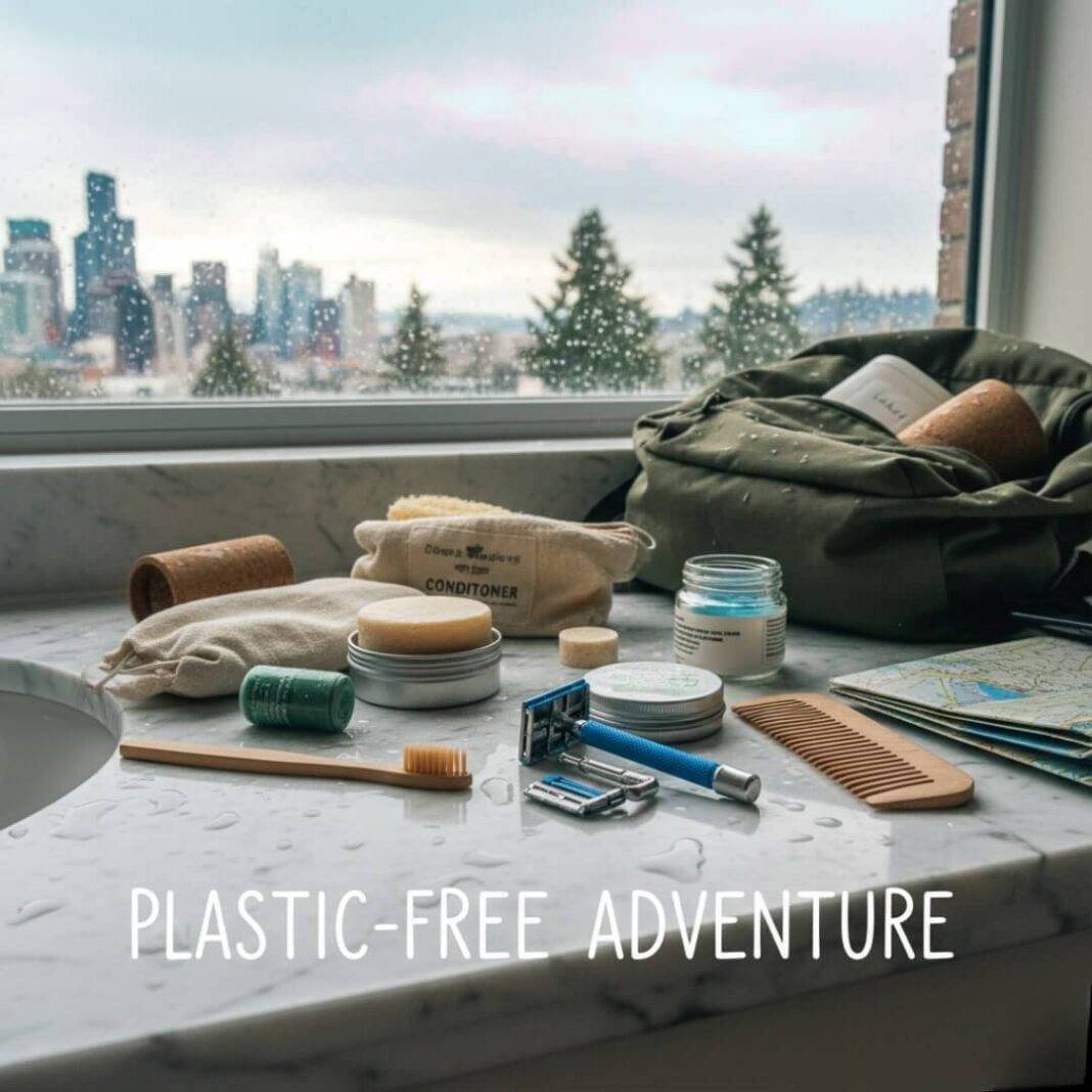 Messy eco toiletries on counter with Seattle view.