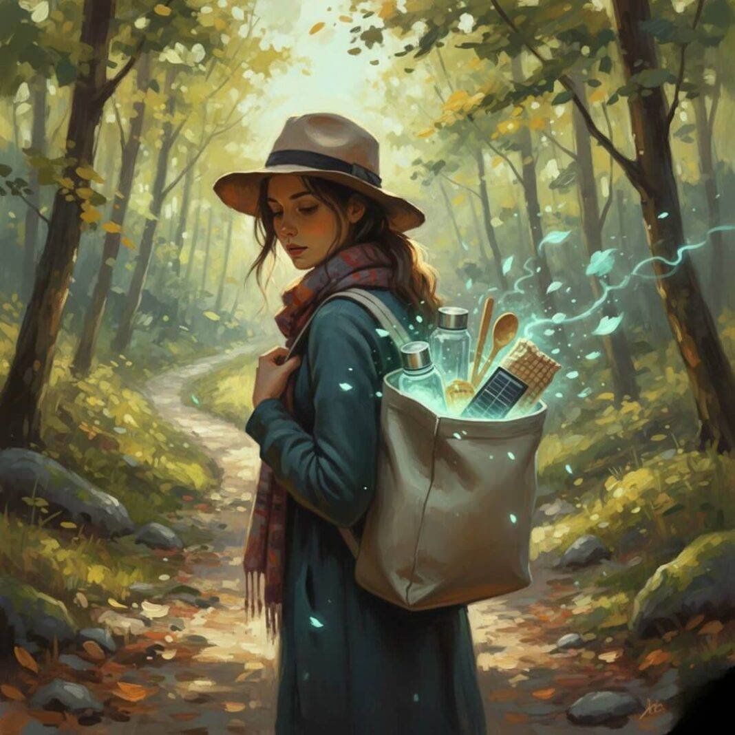 Dreamy hiker, minimalist backpack, glowing eco-things. Dreamy hiker, minimalist backpack, glowing eco-things.