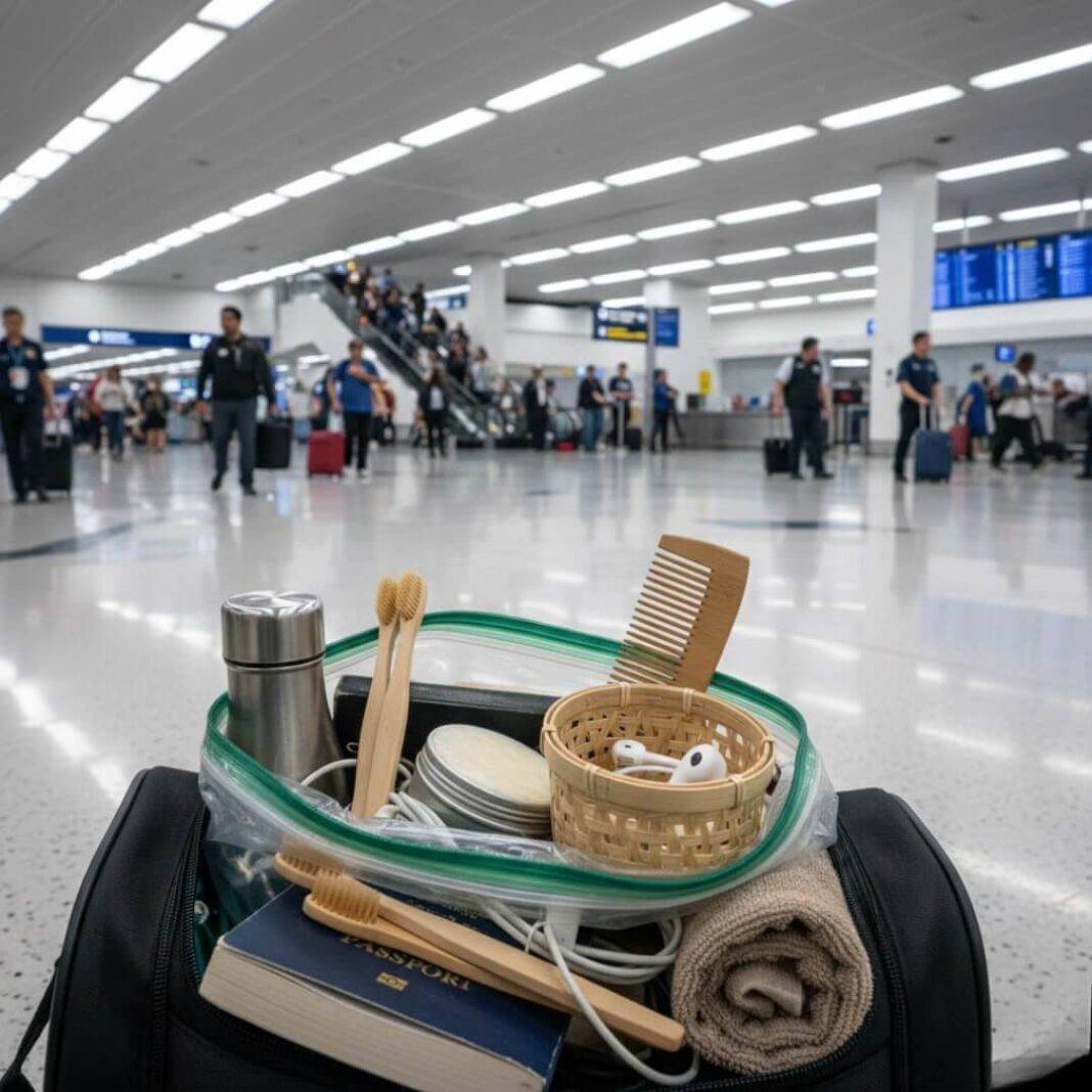Travel kit in bag peeking at airport chaos.