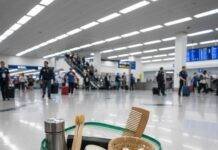 Plastic-Free Travel Kits That Make Going Green Easy Travel kit in bag peeking at airport chaos.