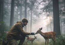 What Is Eco Tourism? A Beginner’s Guide to Responsible Adventures Hiker feeding deer in misty forest.