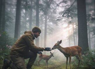 What Is Eco Tourism? A Beginner’s Guide to Responsible Adventures Hiker feeding deer in misty forest.