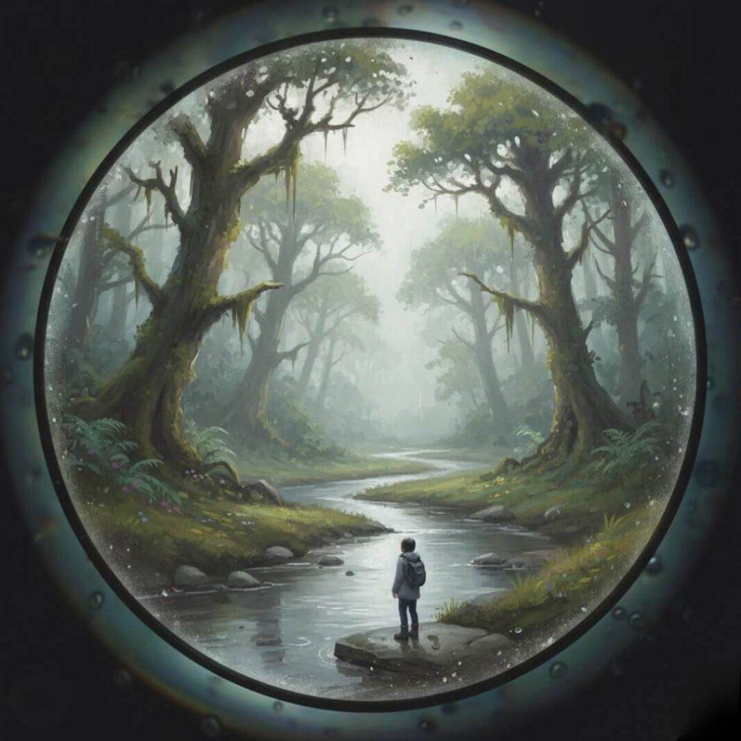 Foggy binoculars view of lone hiker in lush forest.