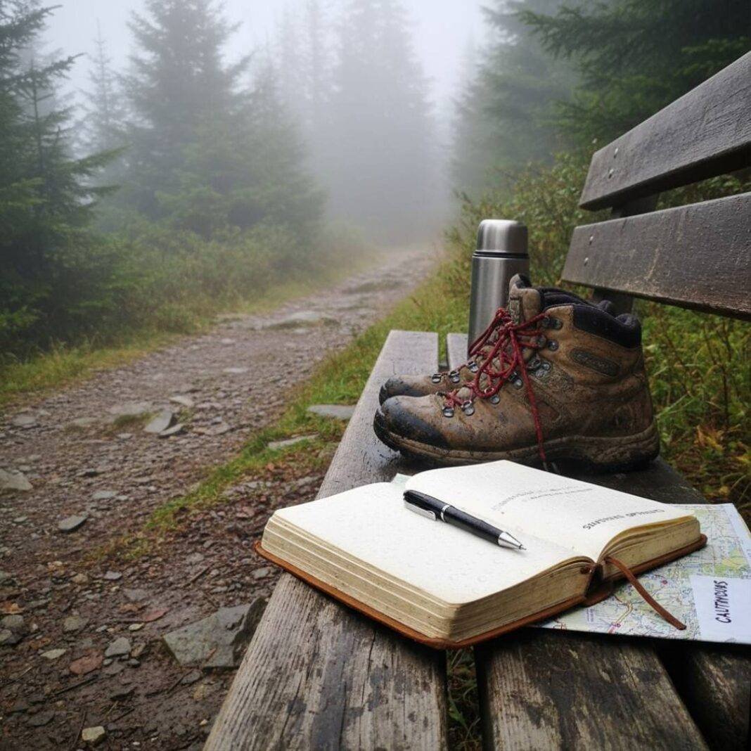 Journal and boots on a misty trail bench.