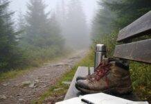 Slow Travel: The Mindful Movement Taking Over the Travel World Journal and boots on a misty trail bench.