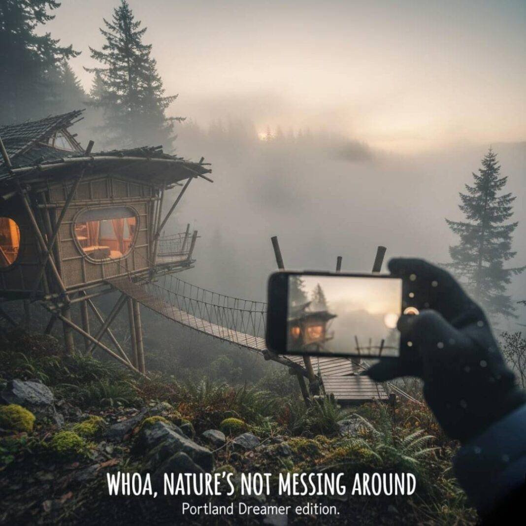 Hiker's view of treehouse in foggy Oregon. Hiker's view of treehouse in foggy Oregon.