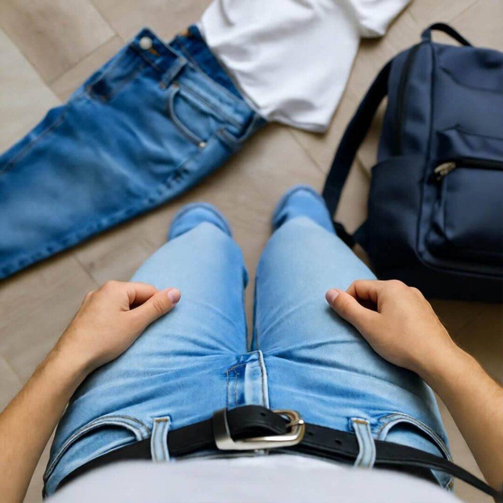 Embarrassed grin amid scattered clothes, light packing fail.