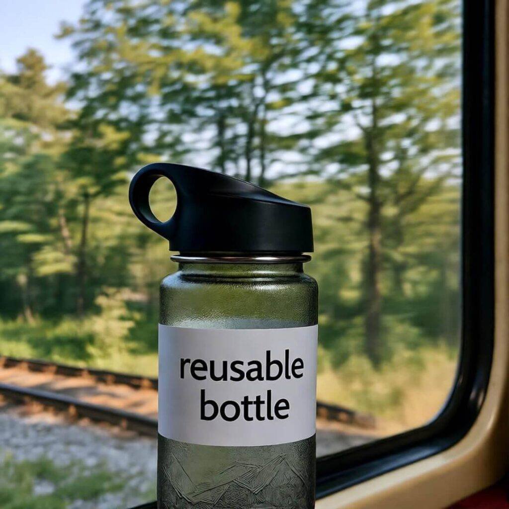 Train scenery with reusable bottle, eco travel win.