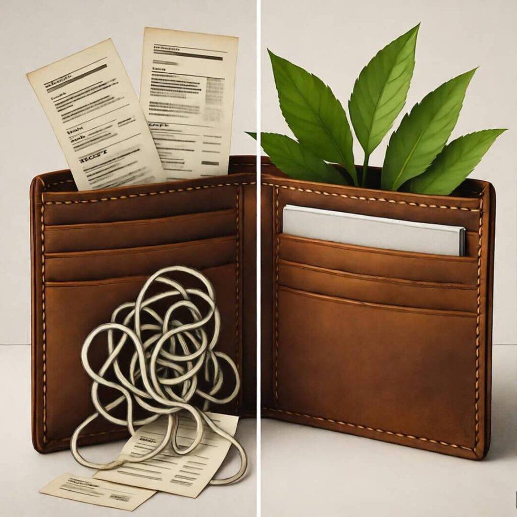 Wallet split: receipts to leaves, $300 savings.