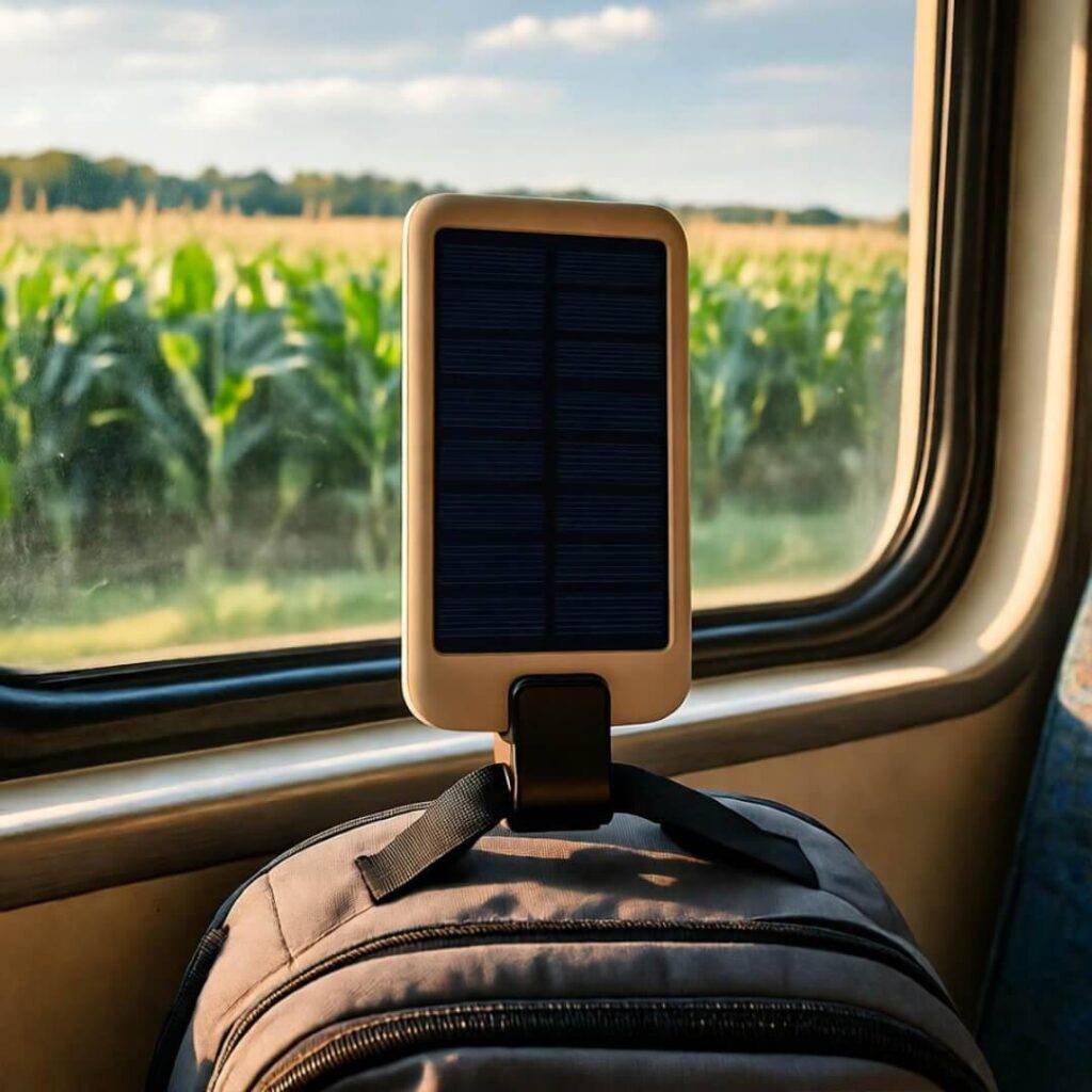 Solar charger saving my sustainable trip packing game on a bumpy train.