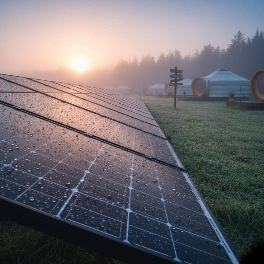 Misty eco-yurt haven at sunrise, sustainable lodge obsession.