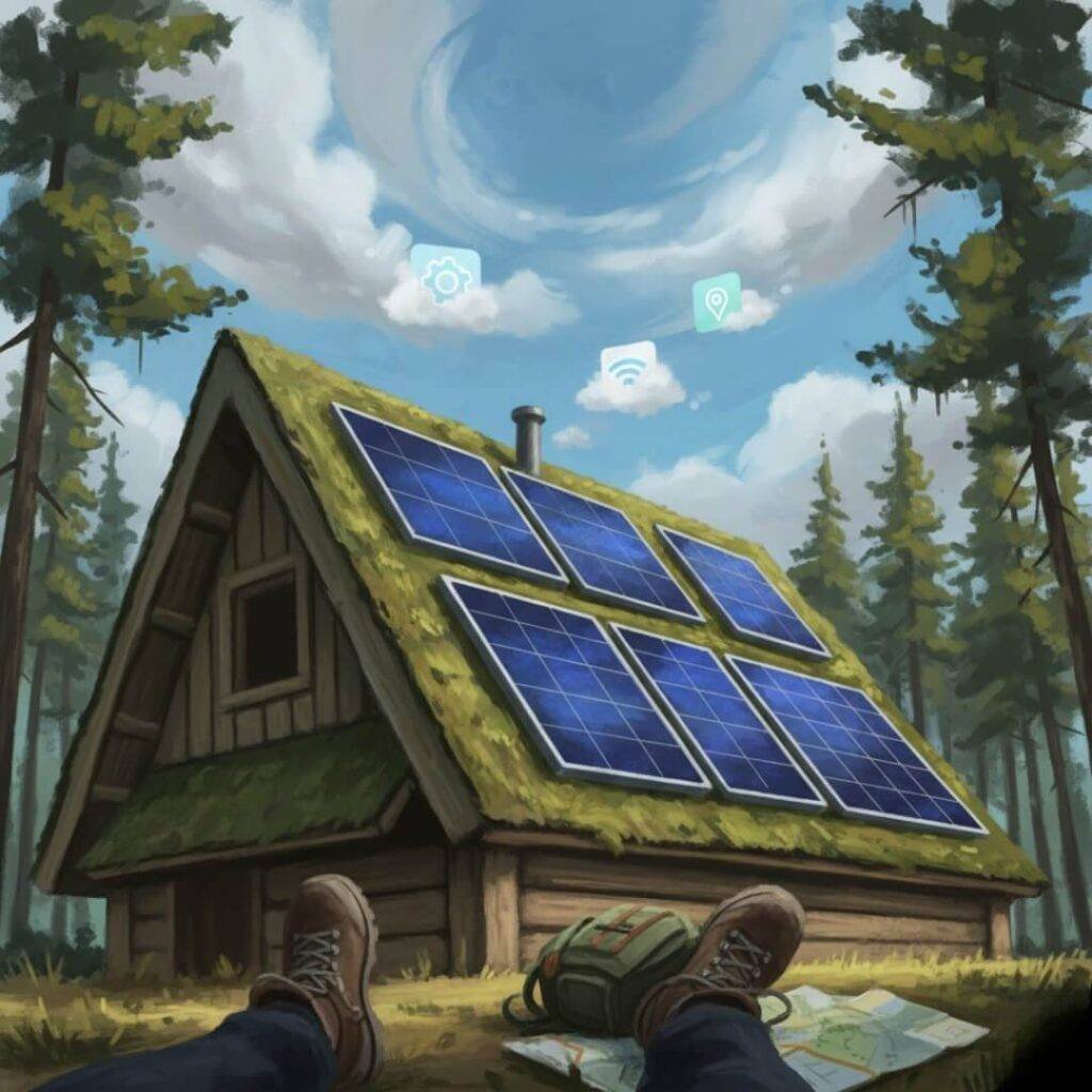 Solar-powered cabin, digital detox, app icon clouds, wry humor.