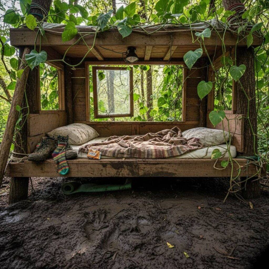 Muddy treehouse bunk, vines, yoga-pose perspective.
