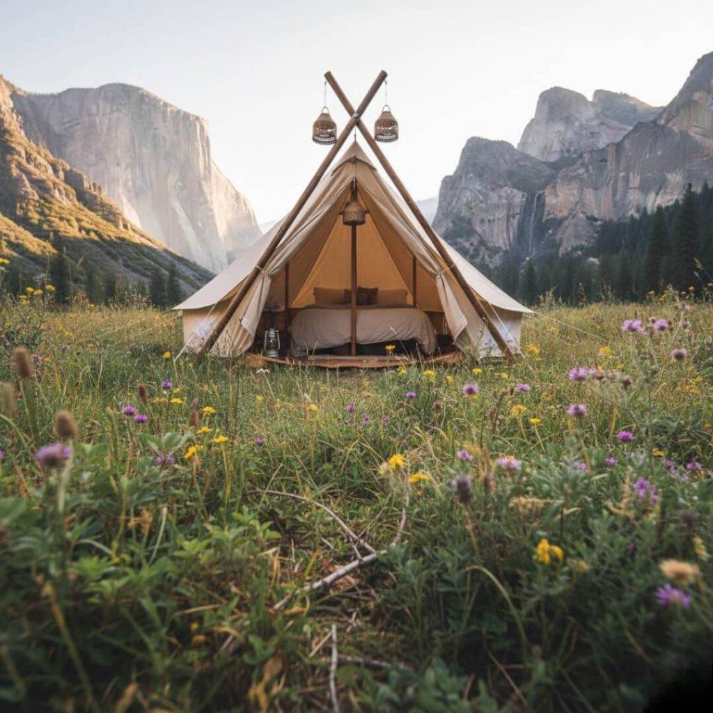 Ground-level view of canvas tent amid wild herbs.