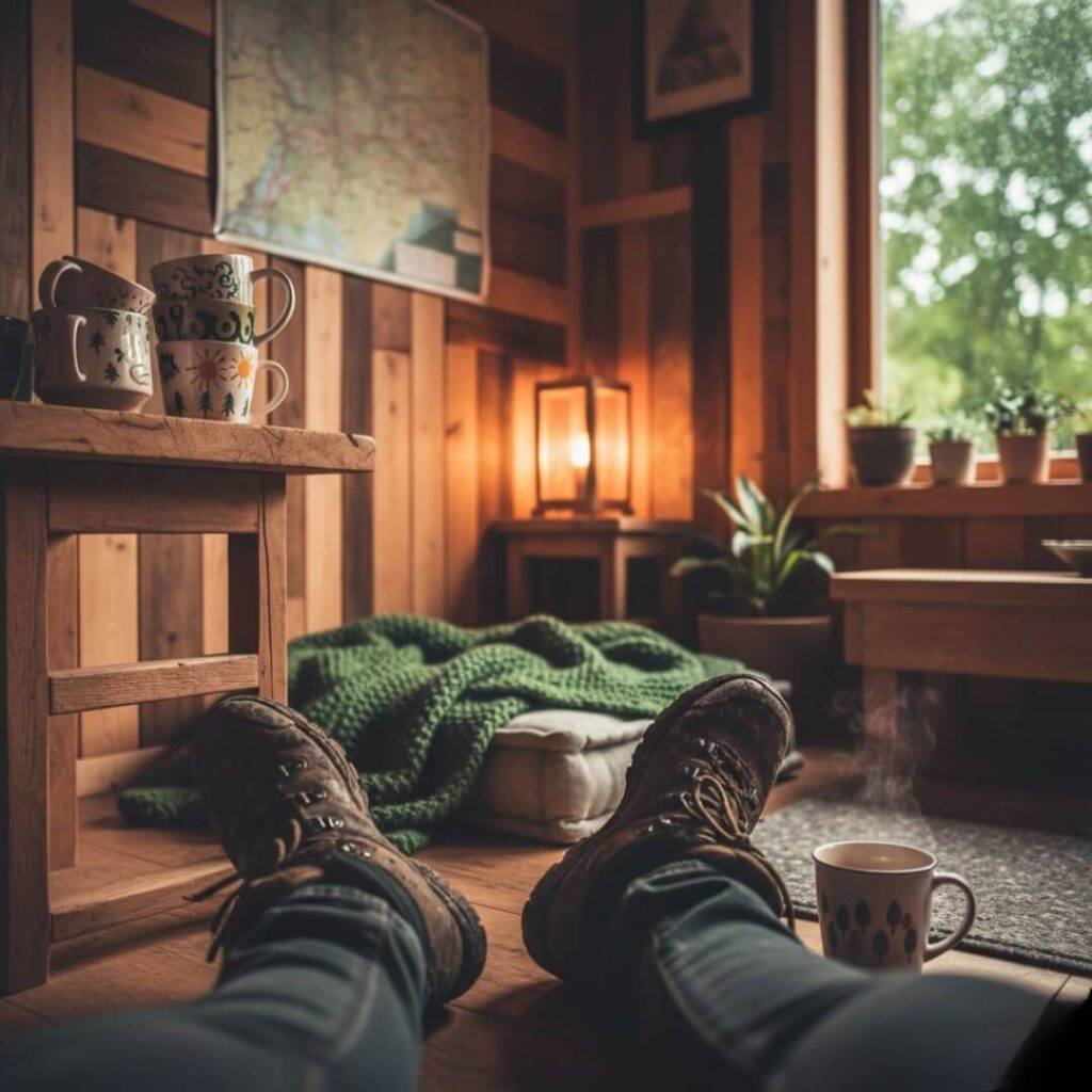 Cozy Airbnb interior, wood, solar lamps, mismatched mugs.