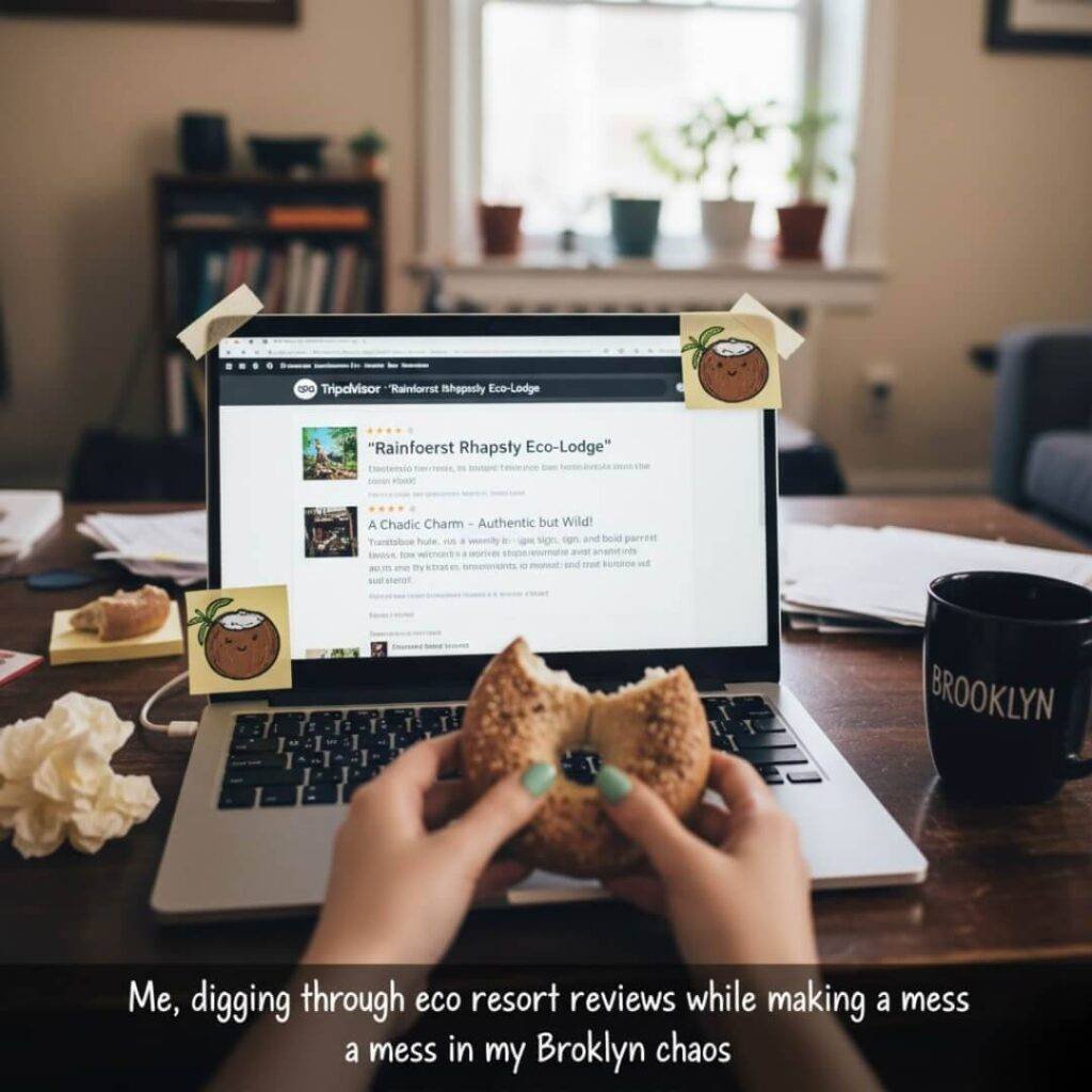 Laptop screen with eco-resort reviews, bagel.