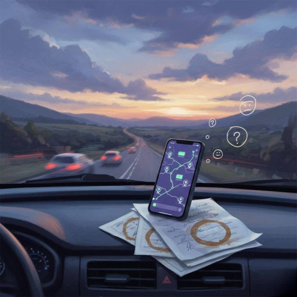 Confused EV trip planning on dashboard, glitchy map.