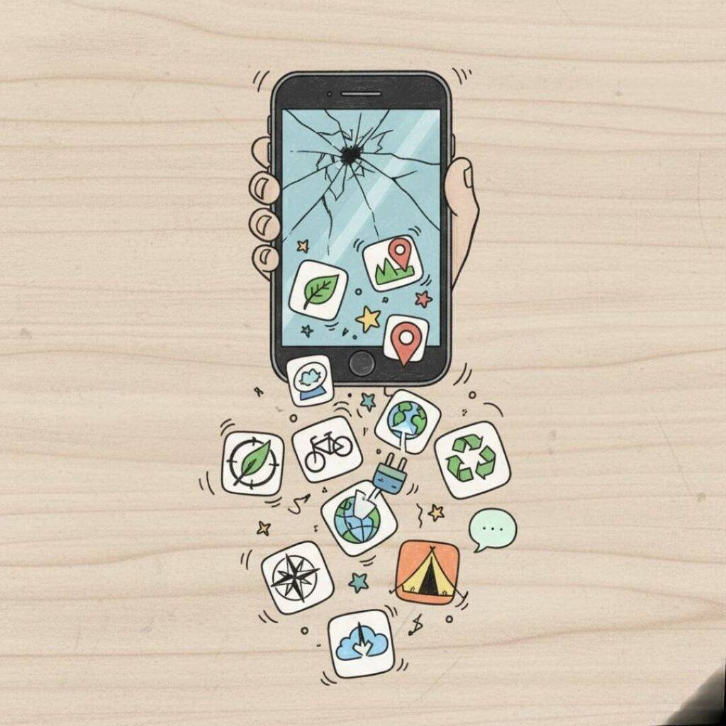 Cracked phone spills app icons: chaotic digital hoard.