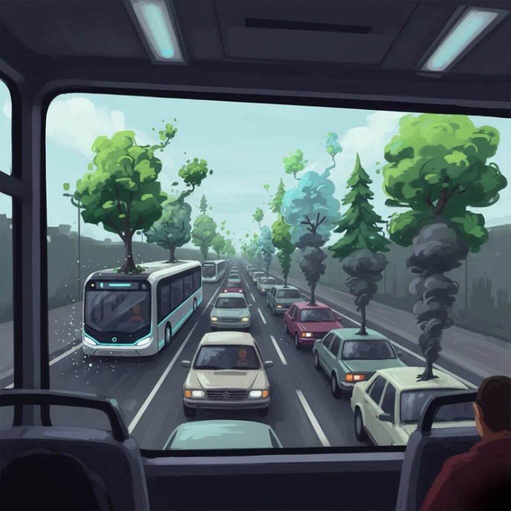 Electric bus passes traffic jam with trees from smoke.
