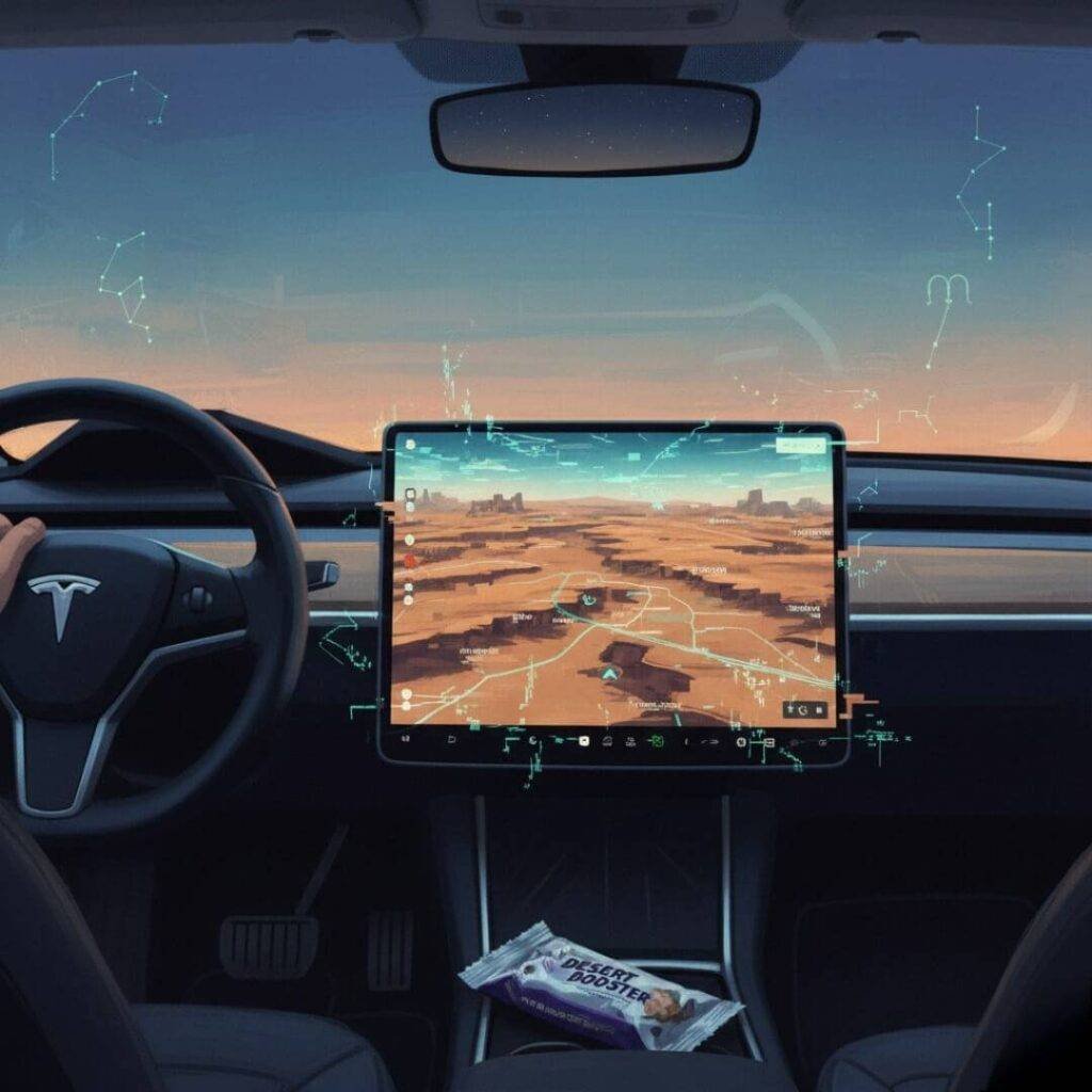 Tesla dashboard, glitching GPS, desert, energy bar.